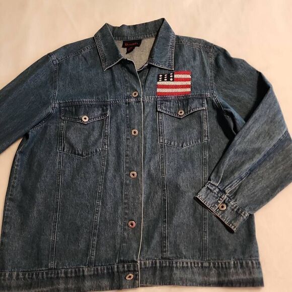 EUC Denim & Co. Womens Lightweight Denim Jacket with US Flag Embroidered on Fron - Picture 1 of 8